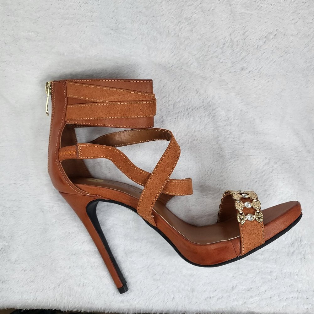**LAST ONE LEFT*** Cross Strap 4.5" Stiletto Heel Shoes Camel Tan - Picture 3 of 7